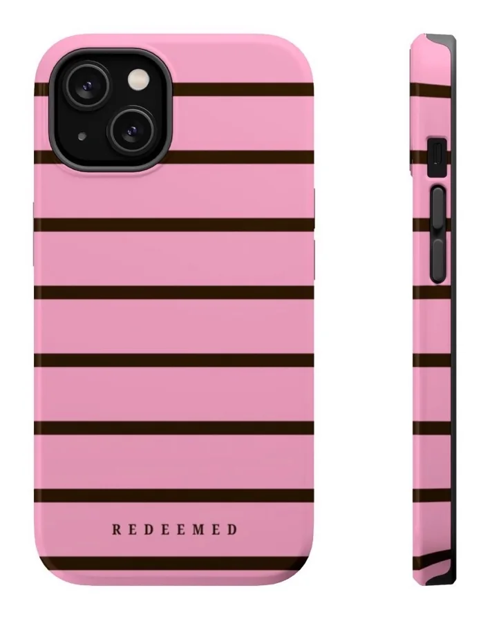 Redeemed phone case, pink with brown stripes, shown from the back and side